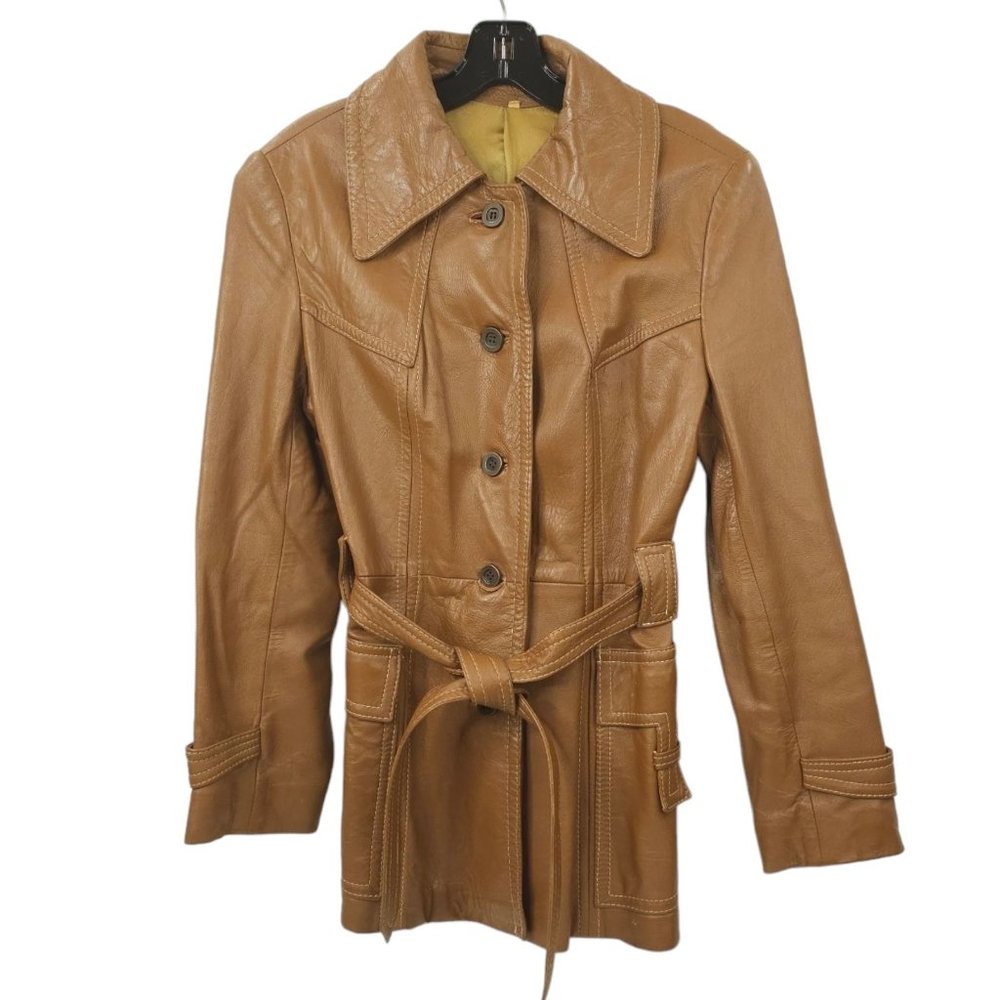 Vintage 70s DDM Brown Leather Point Collar Belted Womens Size 12 Jacket Lined